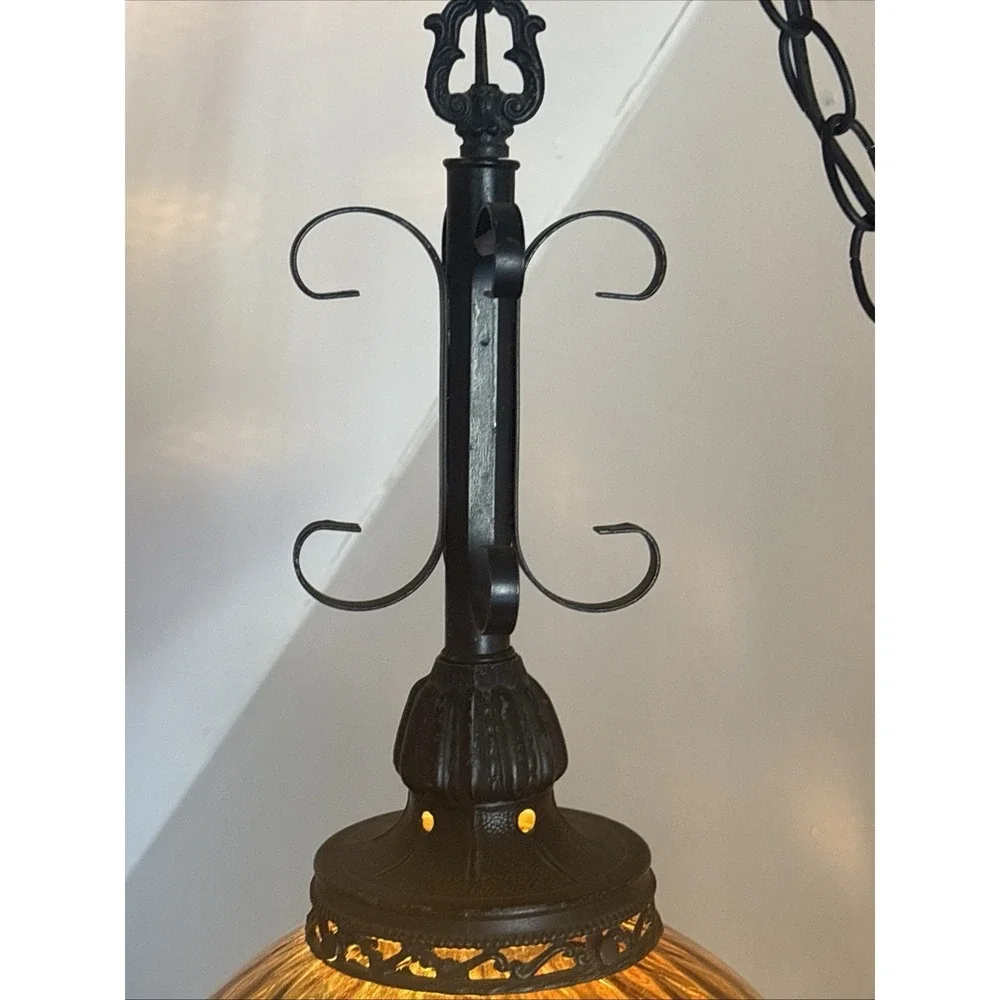 Vintage Large Amber Glass MCM  Hanging Swag Lamp Light W/ Chain